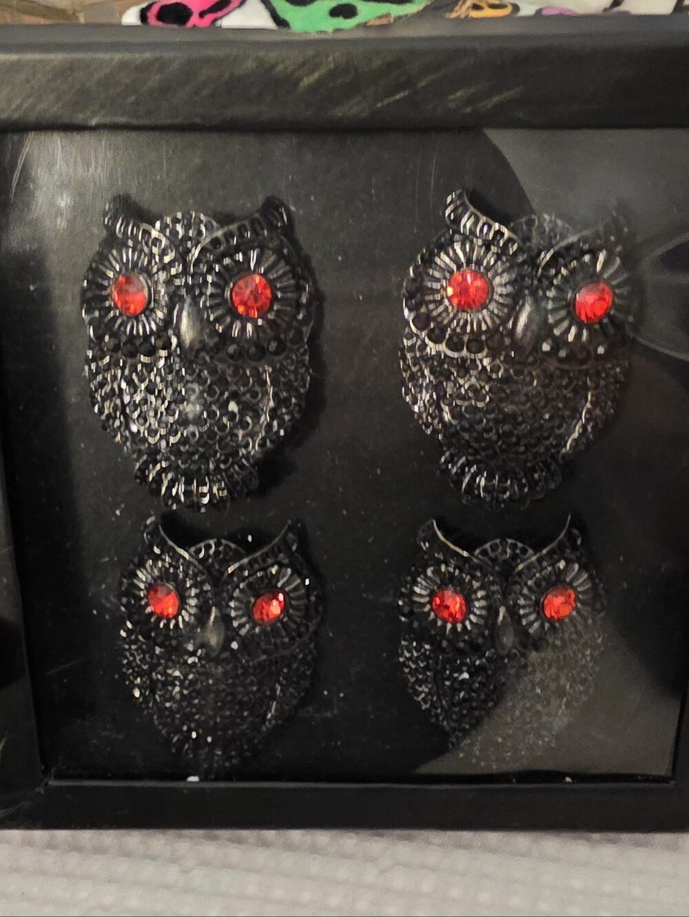 Black Owl Decorative Napkin Rings with Red Gem Eyes